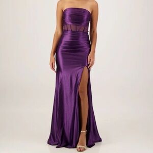 Emerald Sundae Purple Strapless Prom Gown with Side Slit